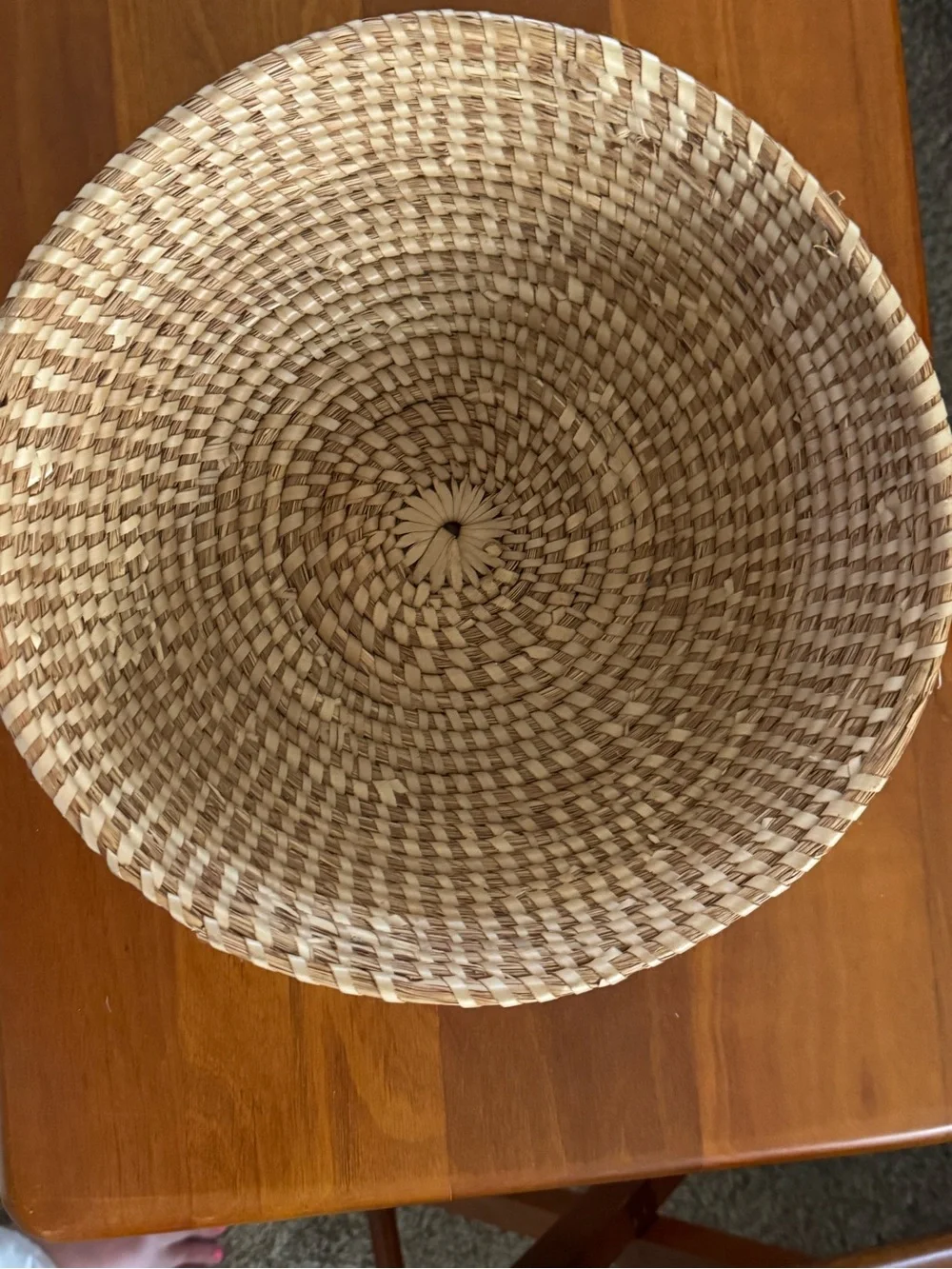Vintage Handwoven Straw Basket Coiled Shallow Bowl Boho Decor